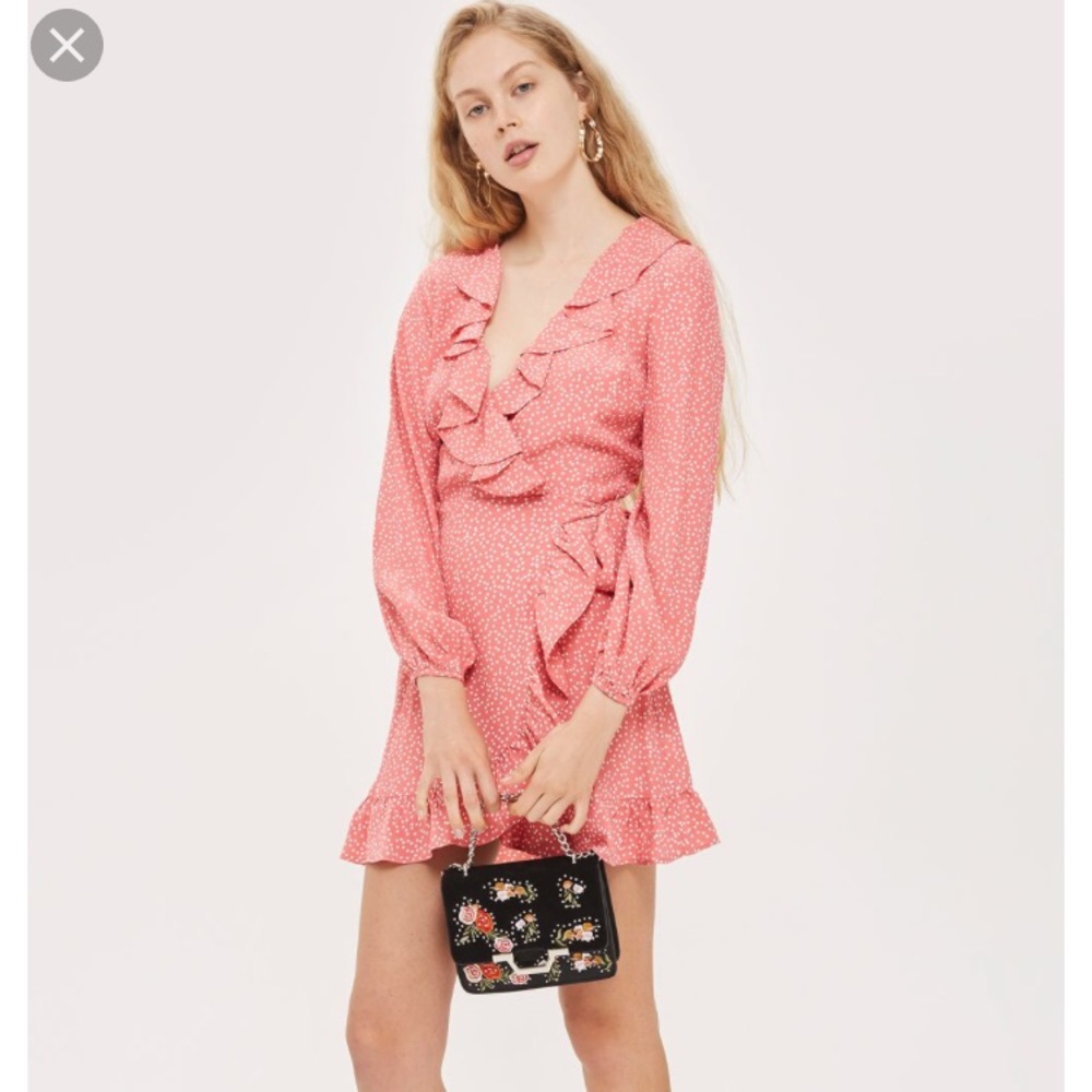 Topshop Spotted Ruffle Wrap Dress